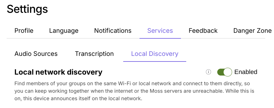 The Local Discovery setting in Moss