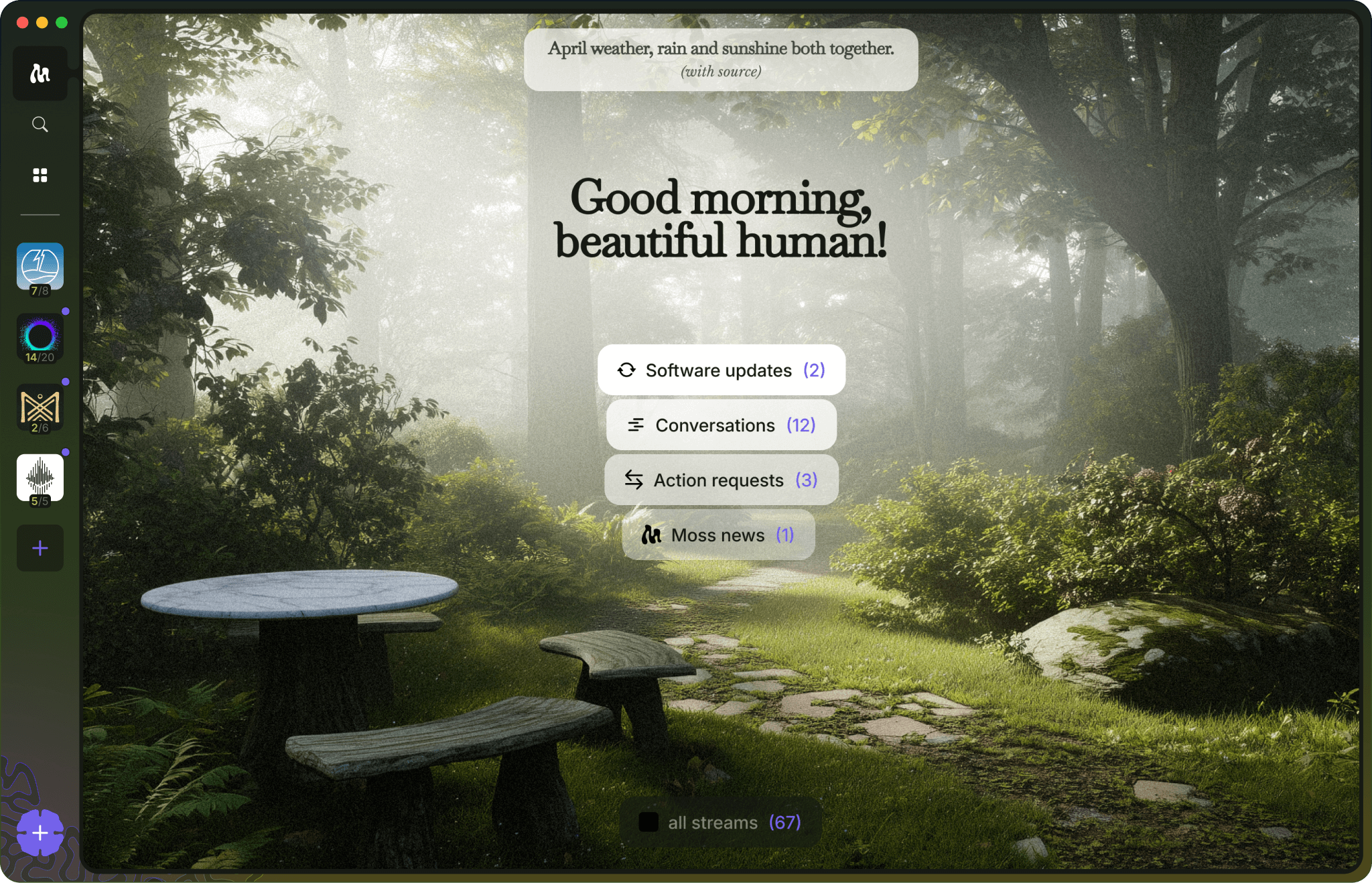 Moss Dashboard - A collaborative workspace showing active participants and tools